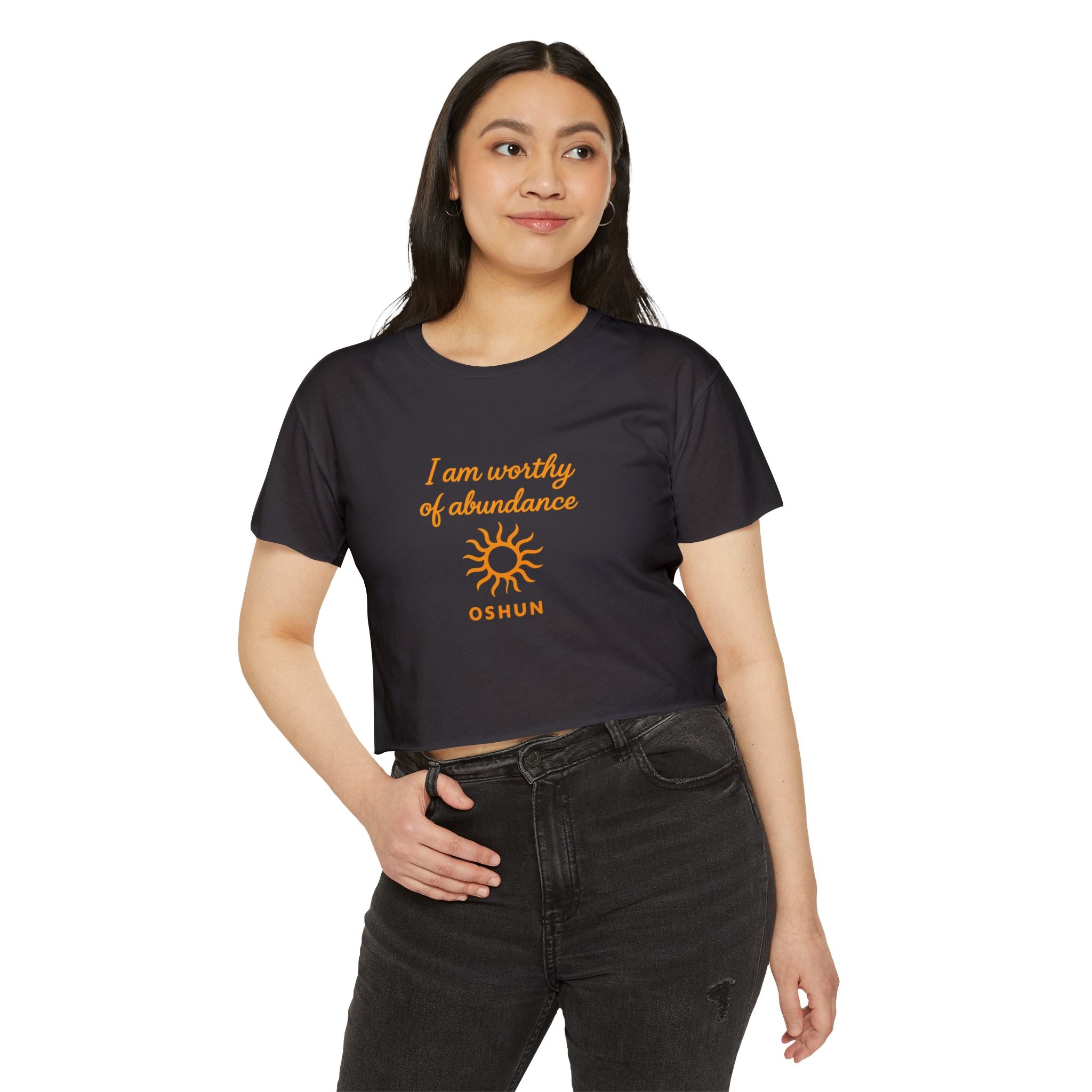 Goddess Empowerment - Cropped Tee |“I Am Worthy of Abundance” Oshun Tee – Sacred Self-Love Tee